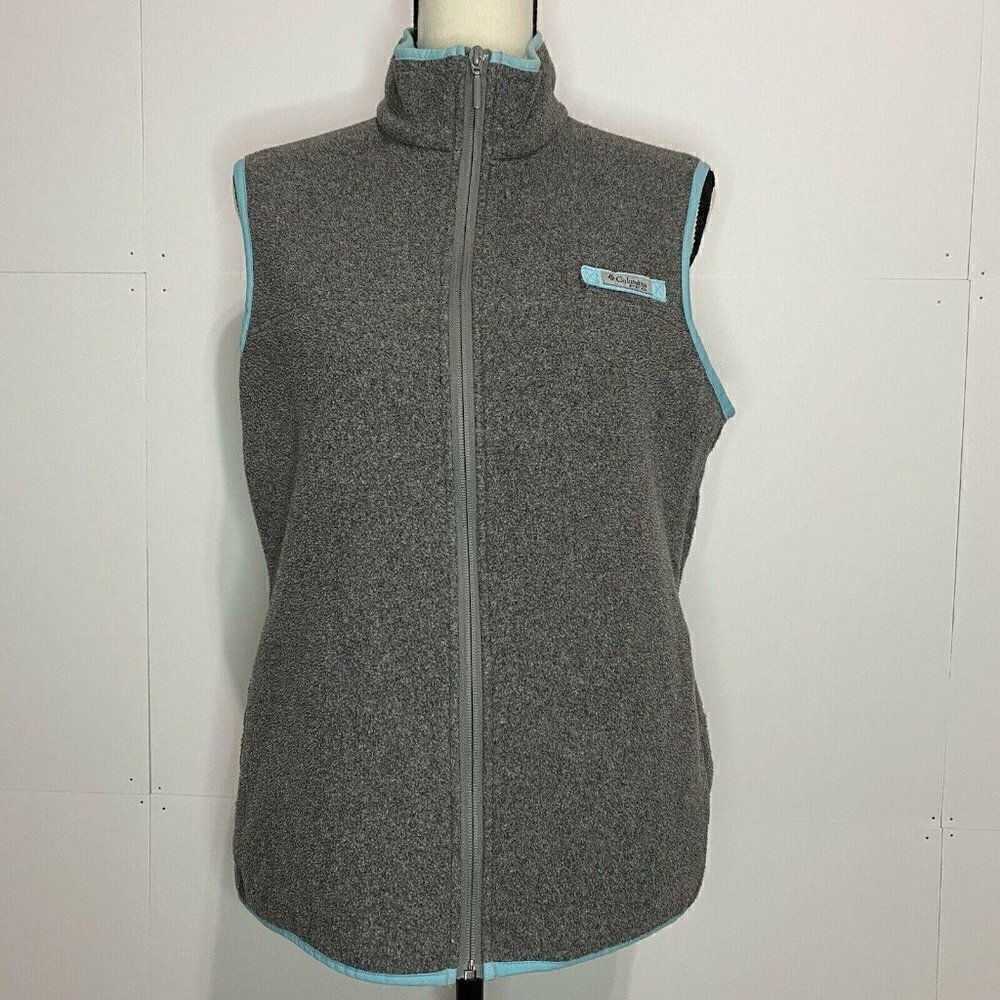 COLUMBIA Women’s Medium Gray Full  Zip PFG Fleece Vest Aqua Trim Pockets EUC
